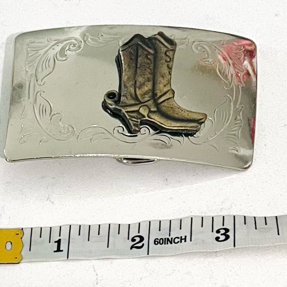 Vintage Belt Buckle Made In USA Silver Tone Brass Cowboy Boots Filigree About 3" - Picture 6 of 8